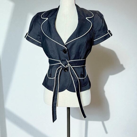 VTG 90s Bebe Pinstripe Short Sleeve Belted Blazer Black White Linen Blend Size 8 - Picture 1 of 16